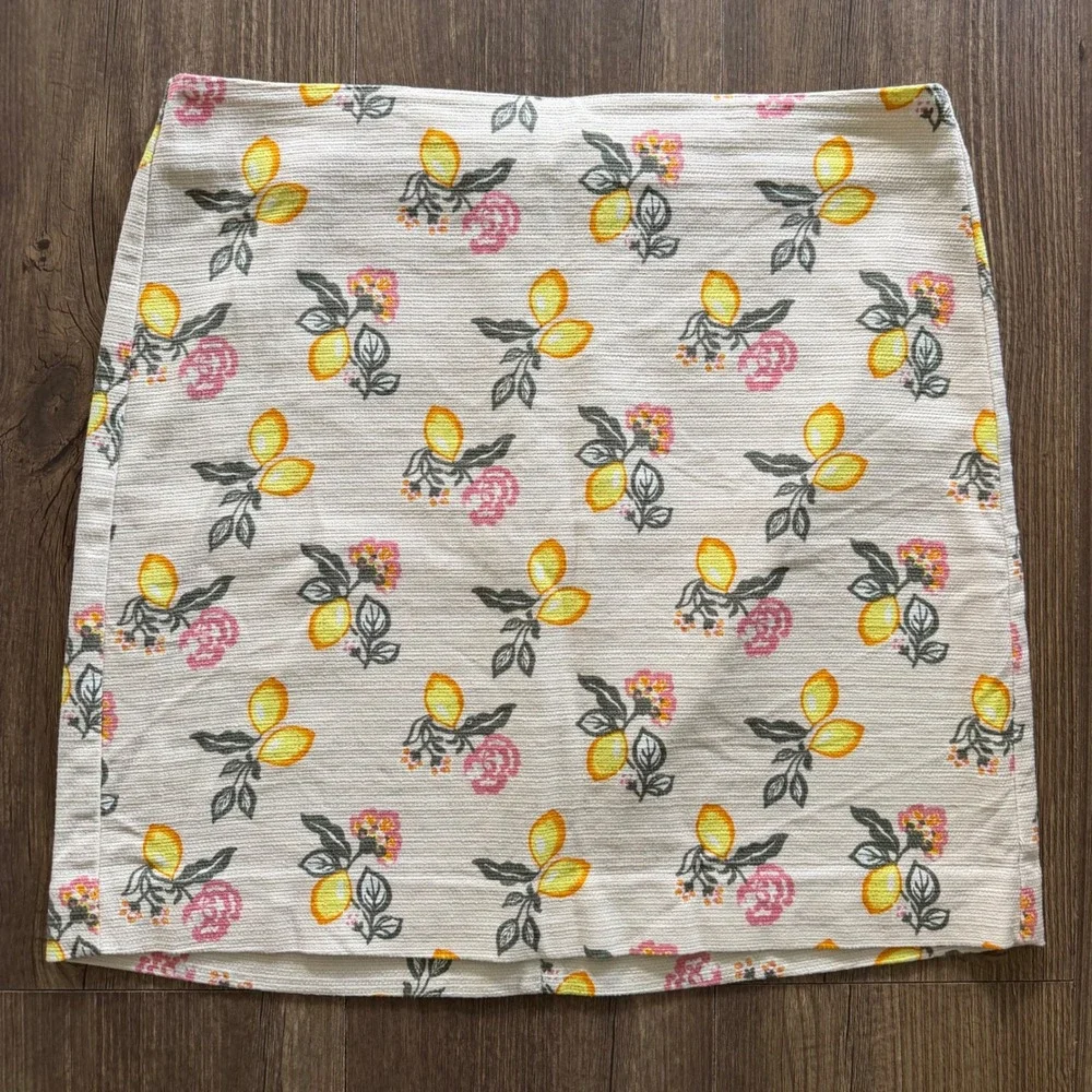 LOFT Mini Skirt Womens 12 Cream Lemon Floral Print Waffle Texture Citrus Garden